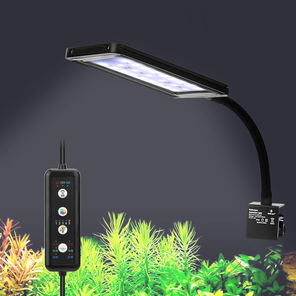 Fishkeeper clip-on LED light front view highlighting compact 9W design for small planted tanks.