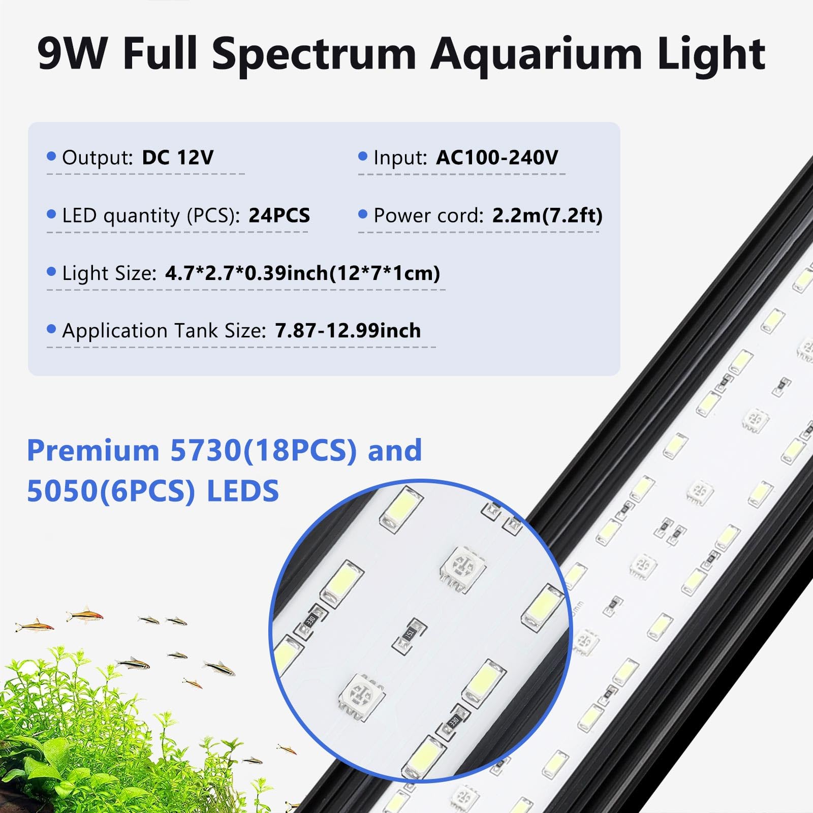 Fishkeeper LED light compact dimensions fit tanks up to 0.9 inches thick.