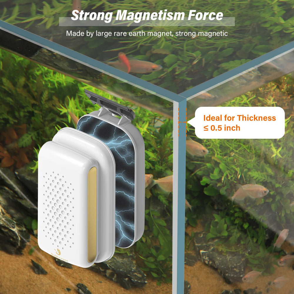 Fishkeeper magnetic cleaner shows double-sided design with inside scrubber and outside pad for versatile cleaning.