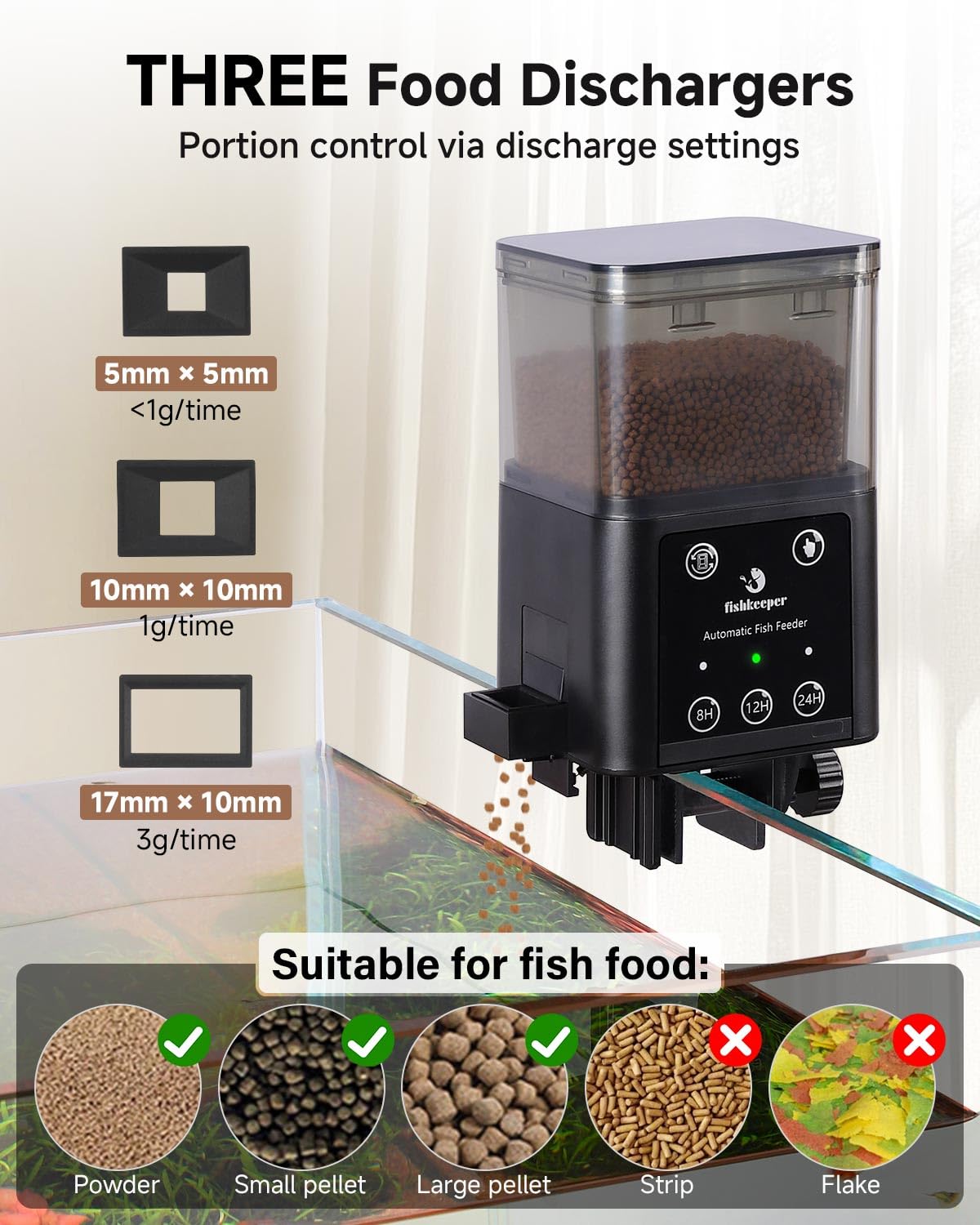 fishkeeper automatic feeder three portion sizes for different fish and tank mates