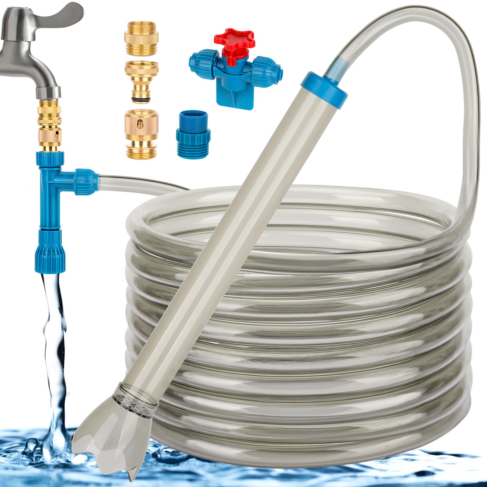 Fishkeeper gravel vacuum overview shows a compact bucket-free water change setup for easy maintenance.