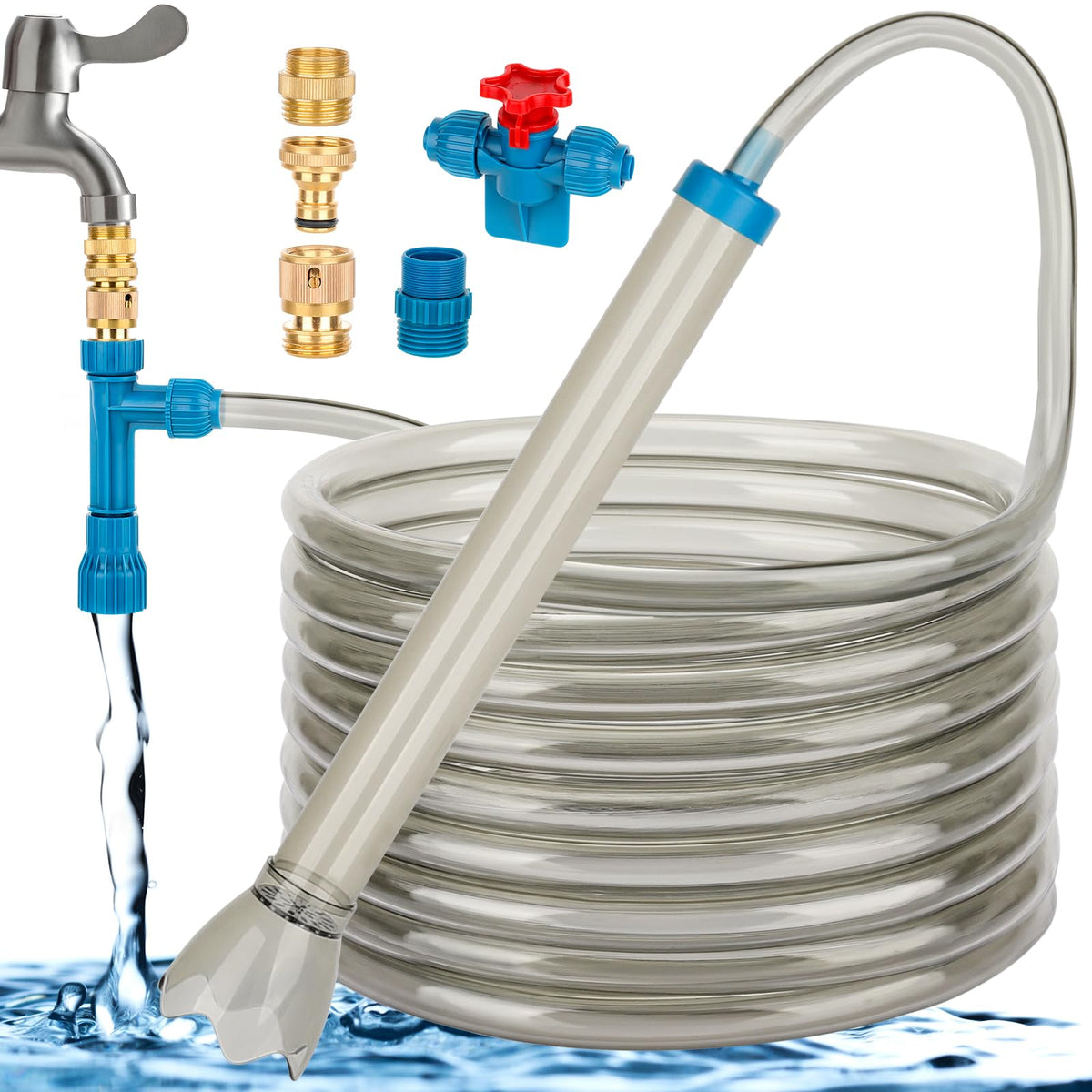 Fishkeeper gravel vacuum overview shows a compact bucket-free water change setup for easy maintenance.