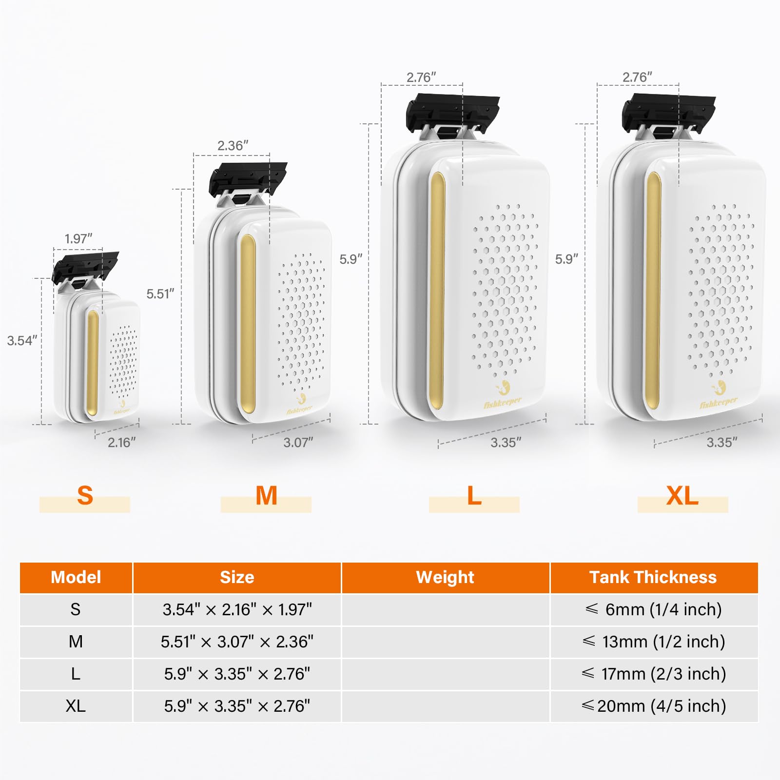 fishkeeper magnetic aquarium cleaner size-options image demonstrates four tank-thickness compatibility selections