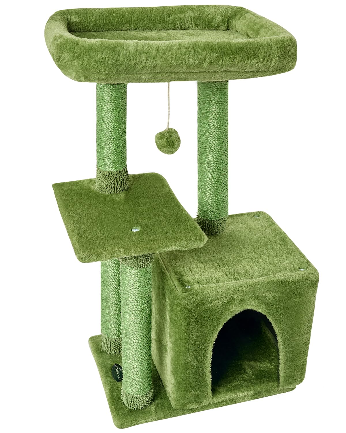 FISH&NAP cat tree with sisal posts highlighting durable scratching surfaces.