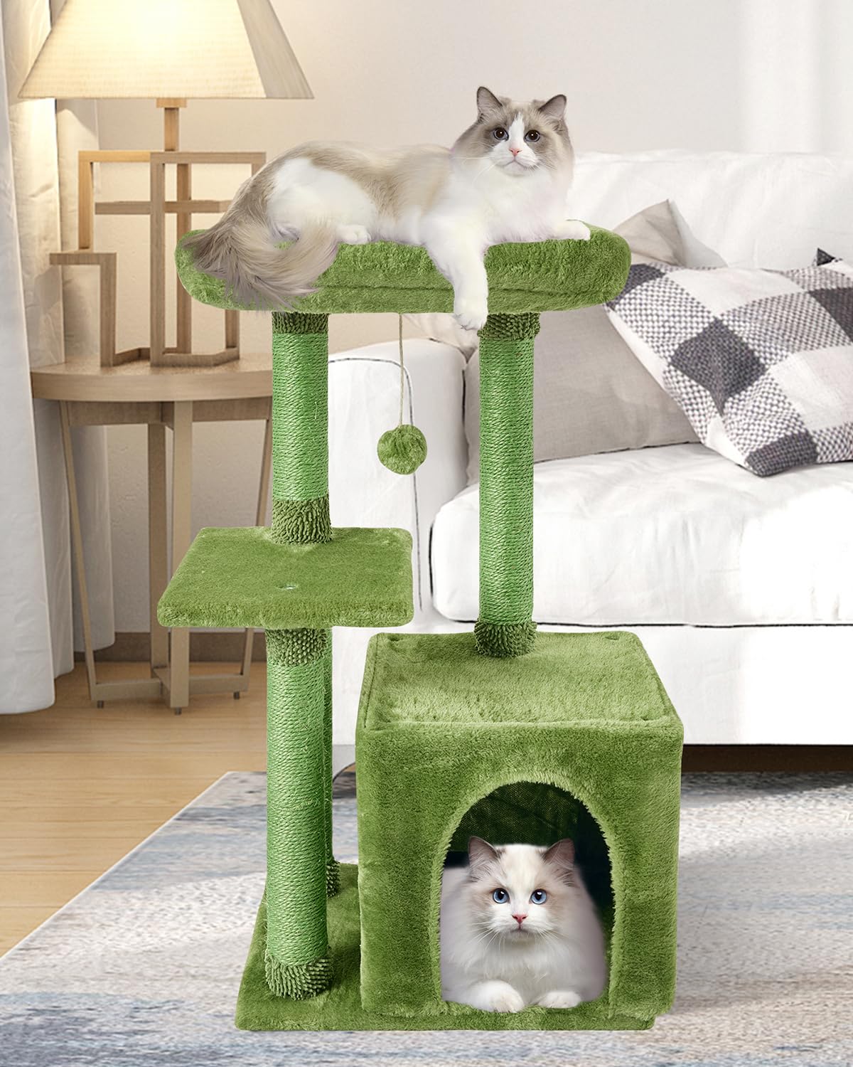 FISH&NAP cat tree assembly shows stable indoor setup for kittens.