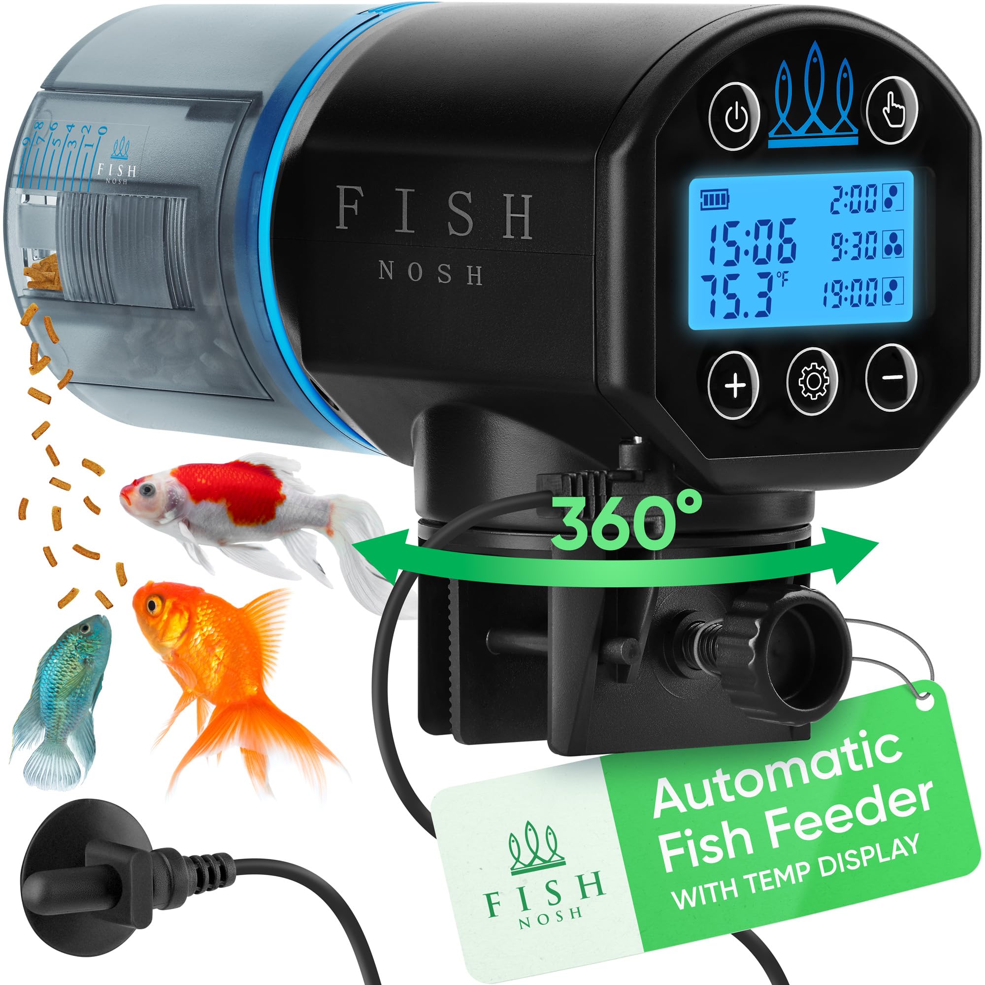 FISHNOSH automatic feeder with digital thermometer display for reliable temperature alerts.