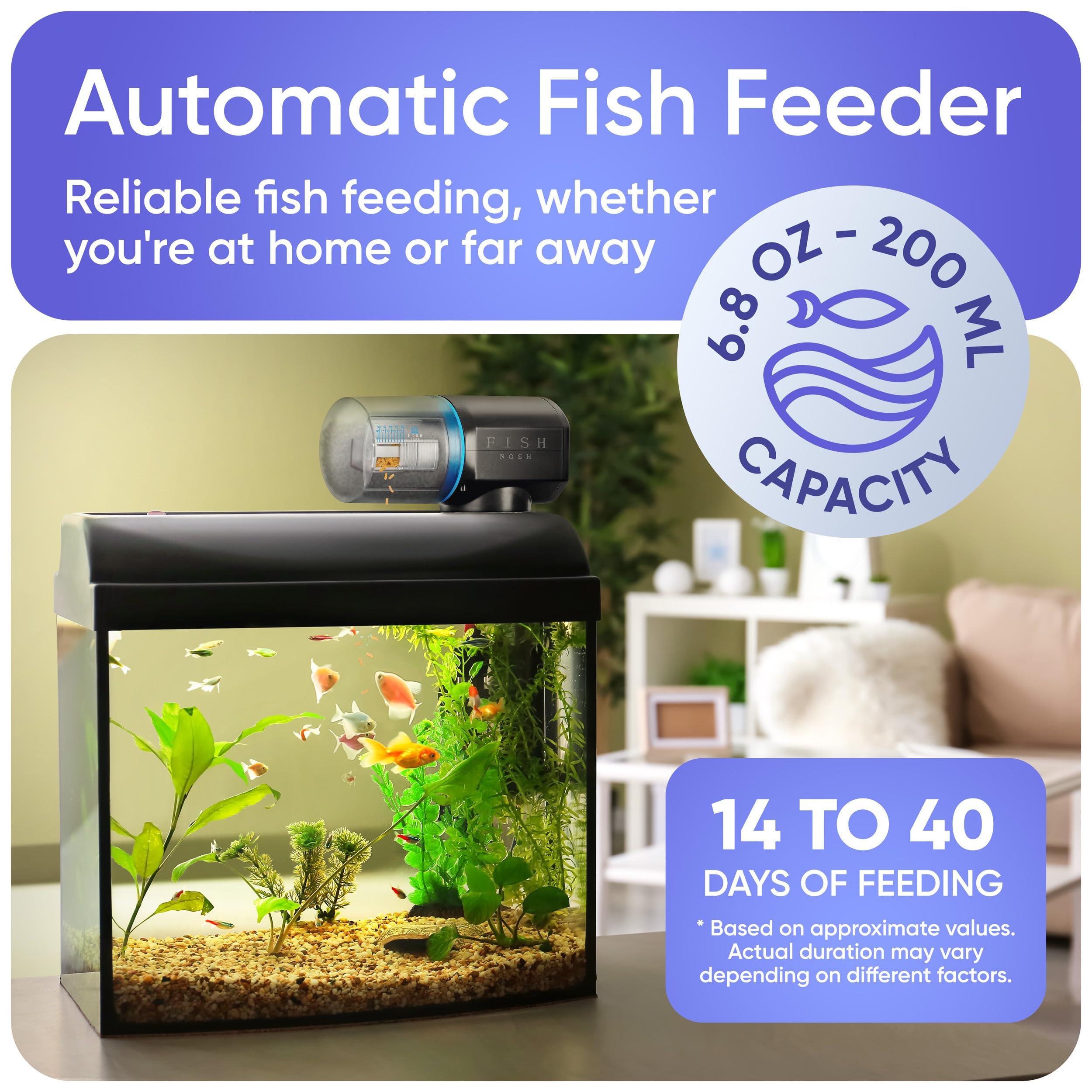 FISHNOSH automatic feeder side view, works with small and large tanks.