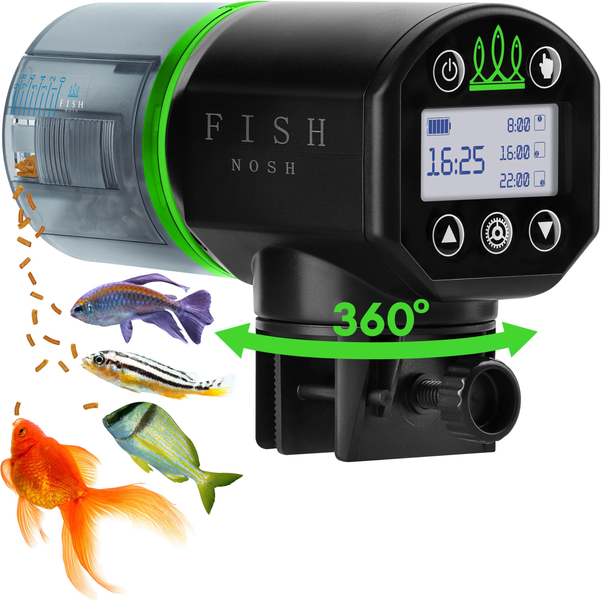 FISHNOSH automatic feeder top view with programmable timer for precise feeding.