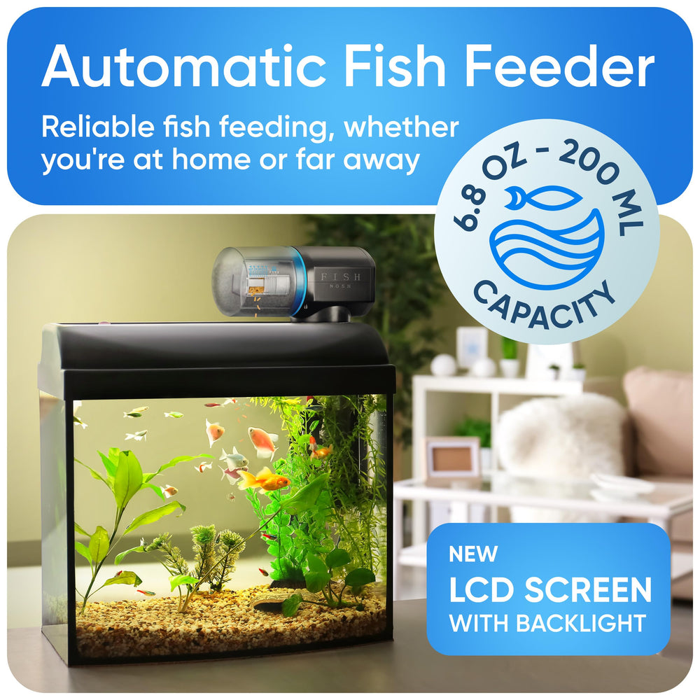 FishNosh feeder blue dispensing cups demonstrates precise portion control.
