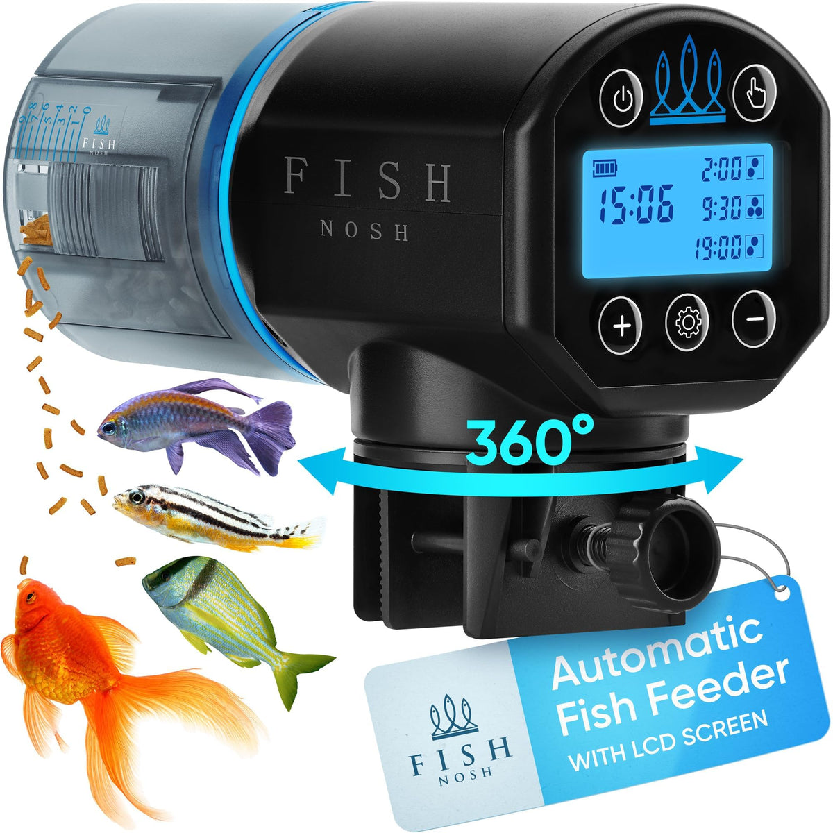 FishNosh feeder blue front view shows steady feeding timing.