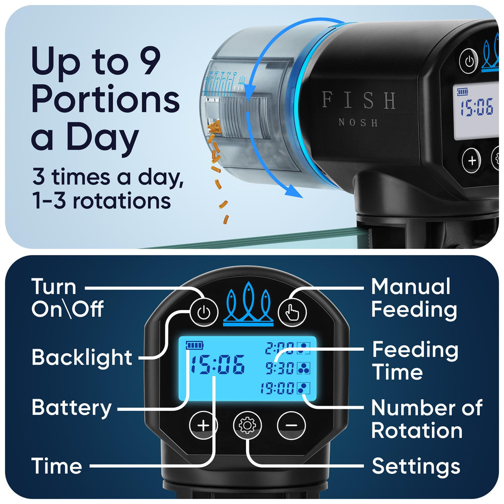 FishNosh feeder blue timer display enables easy daily scheduling.