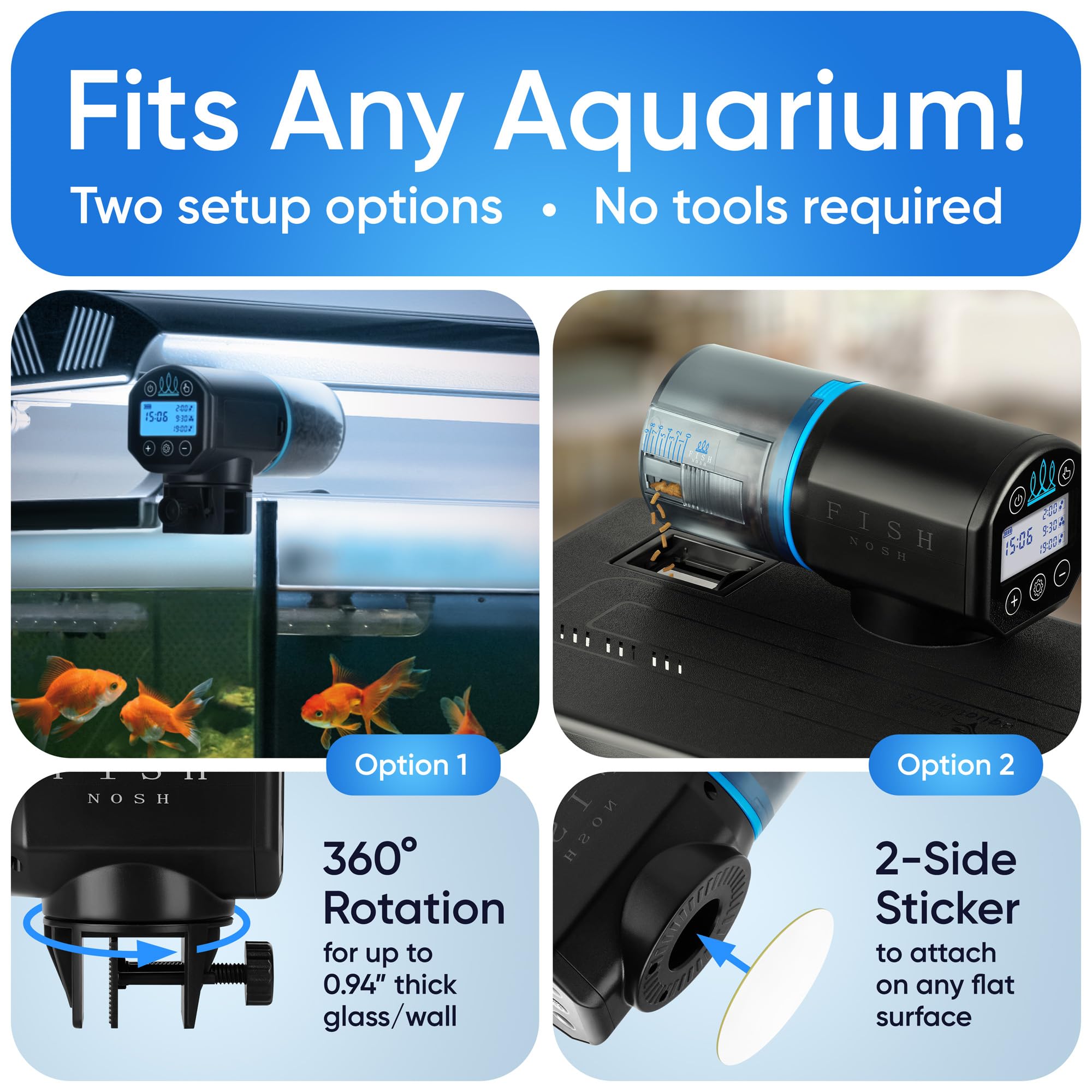 FishNosh feeder blue vacation mode eases trips.