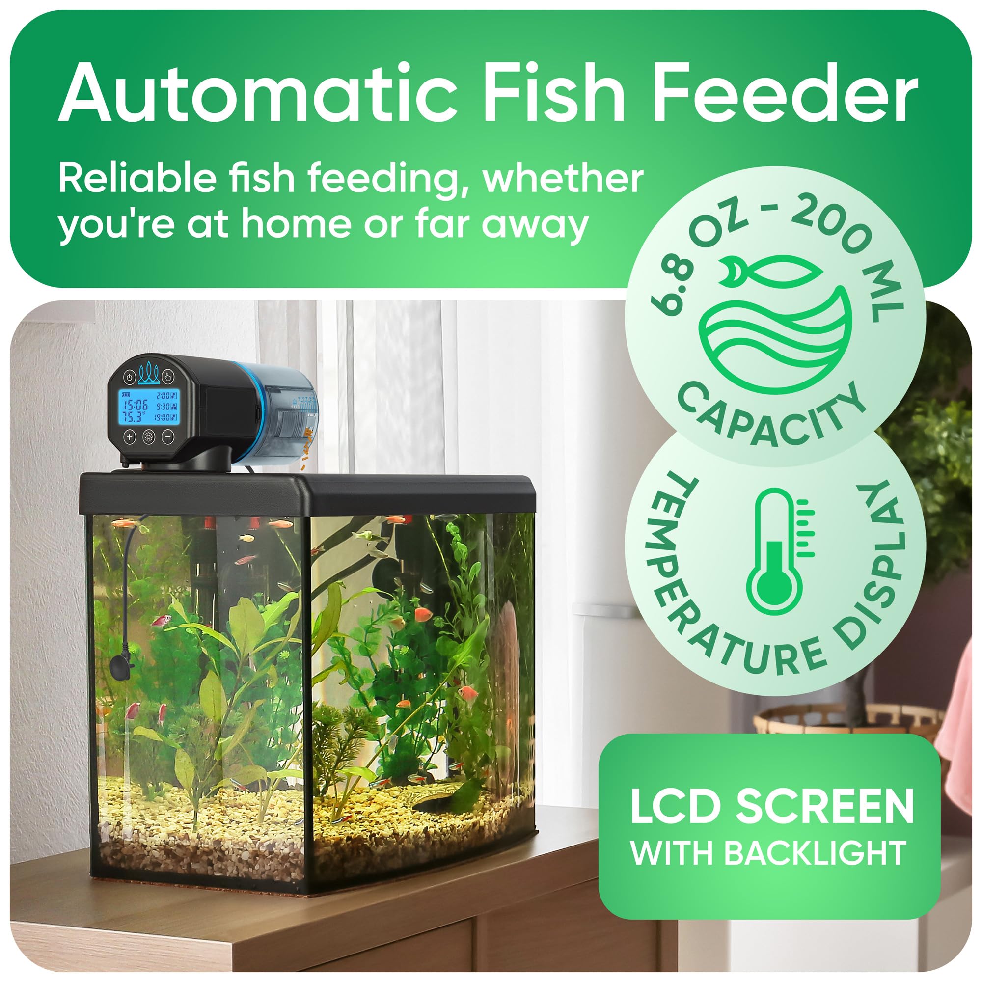 FISHNOSH feeder showing adjustable portion control for precise feeding amounts.