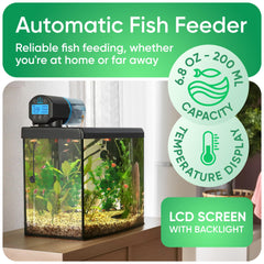 FISHNOSH feeder showing adjustable portion control for precise feeding amounts.
