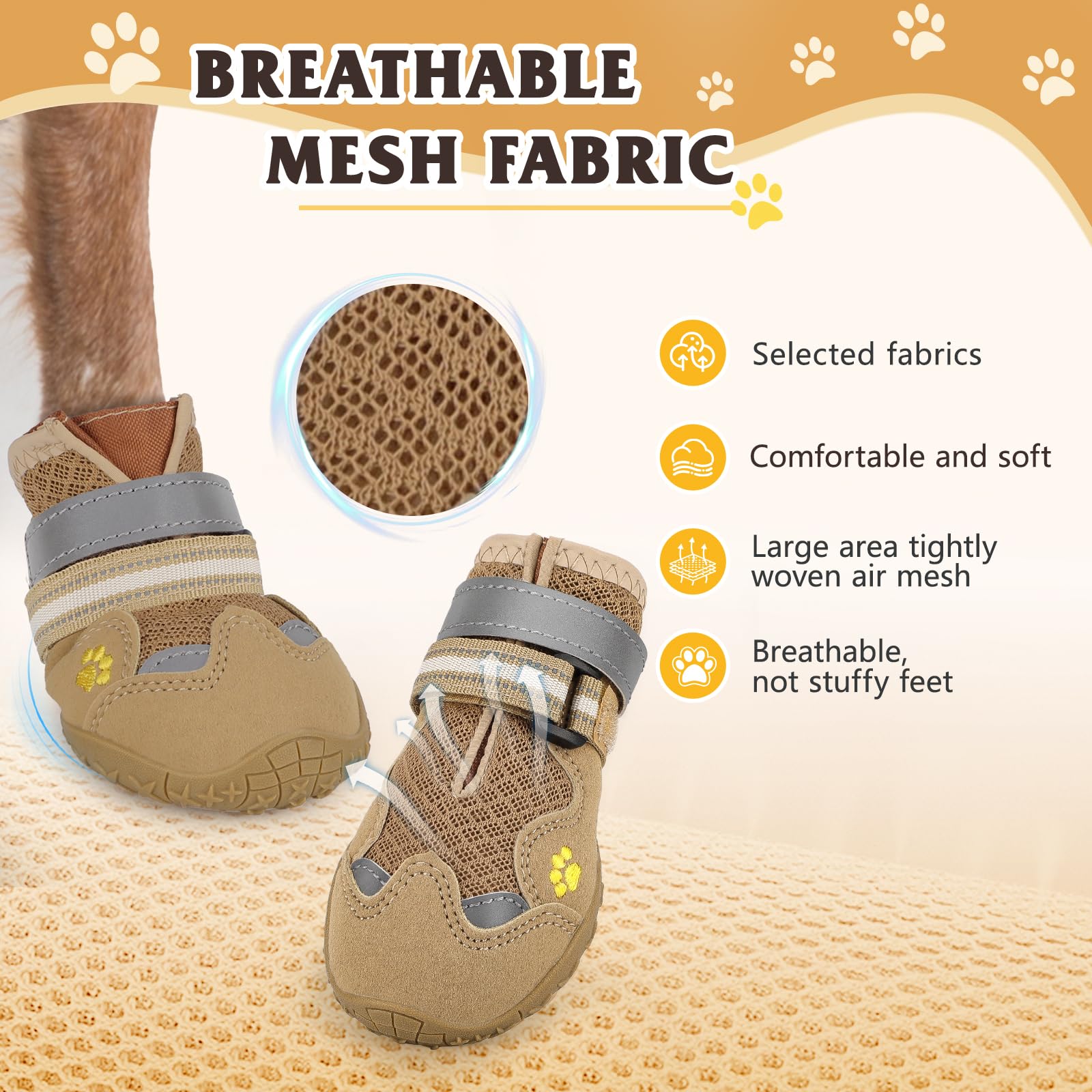 FISHOAKY dog shoes 360° anti-slip design secures a snug fit on various terrains.
