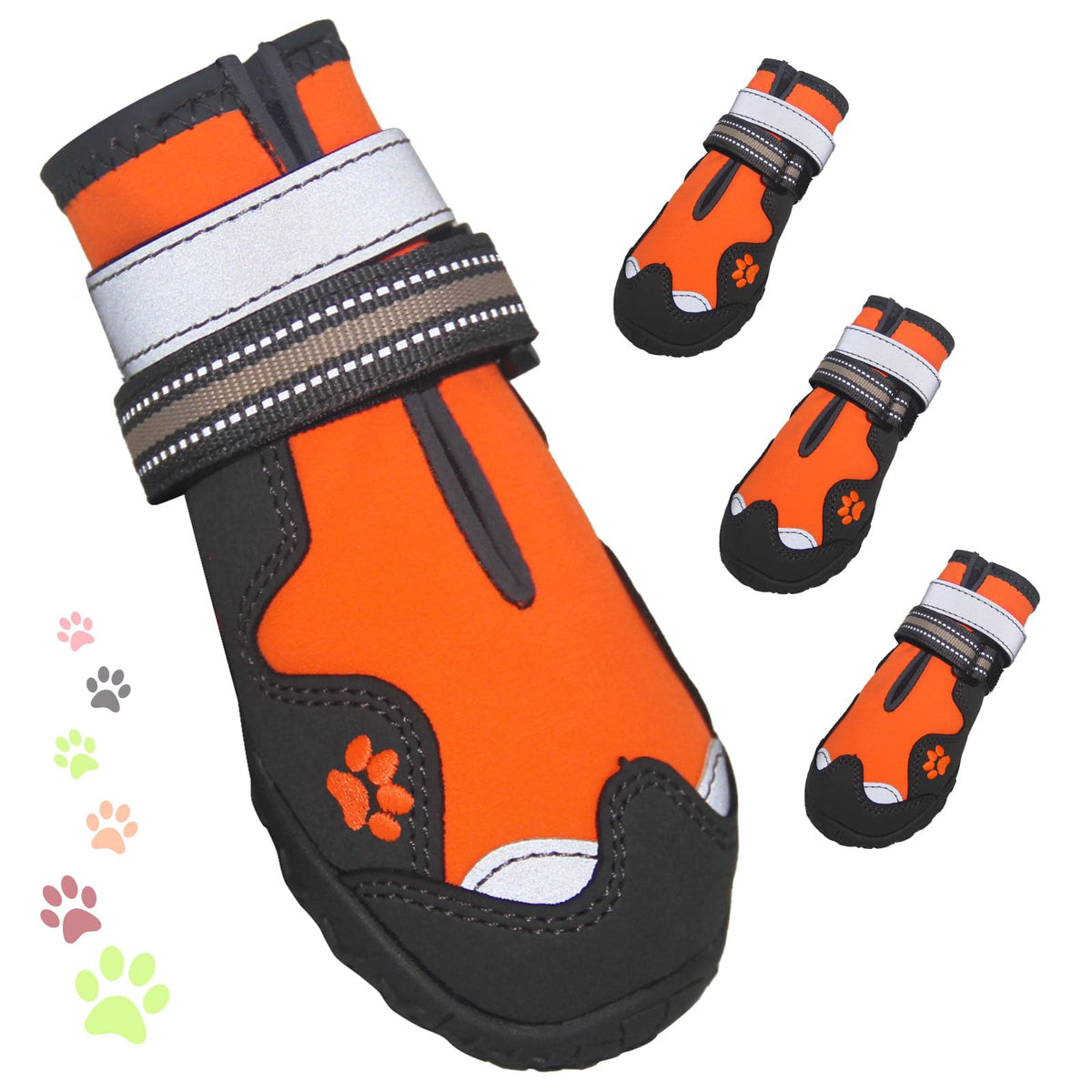 FISHOAKY dog shoes packaging highlights waterproof design for rainy-day protection.