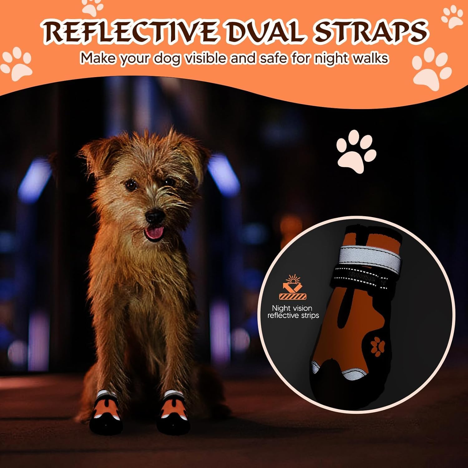 FISHOAKY dog shoes worn on snow for outdoor winter walking.