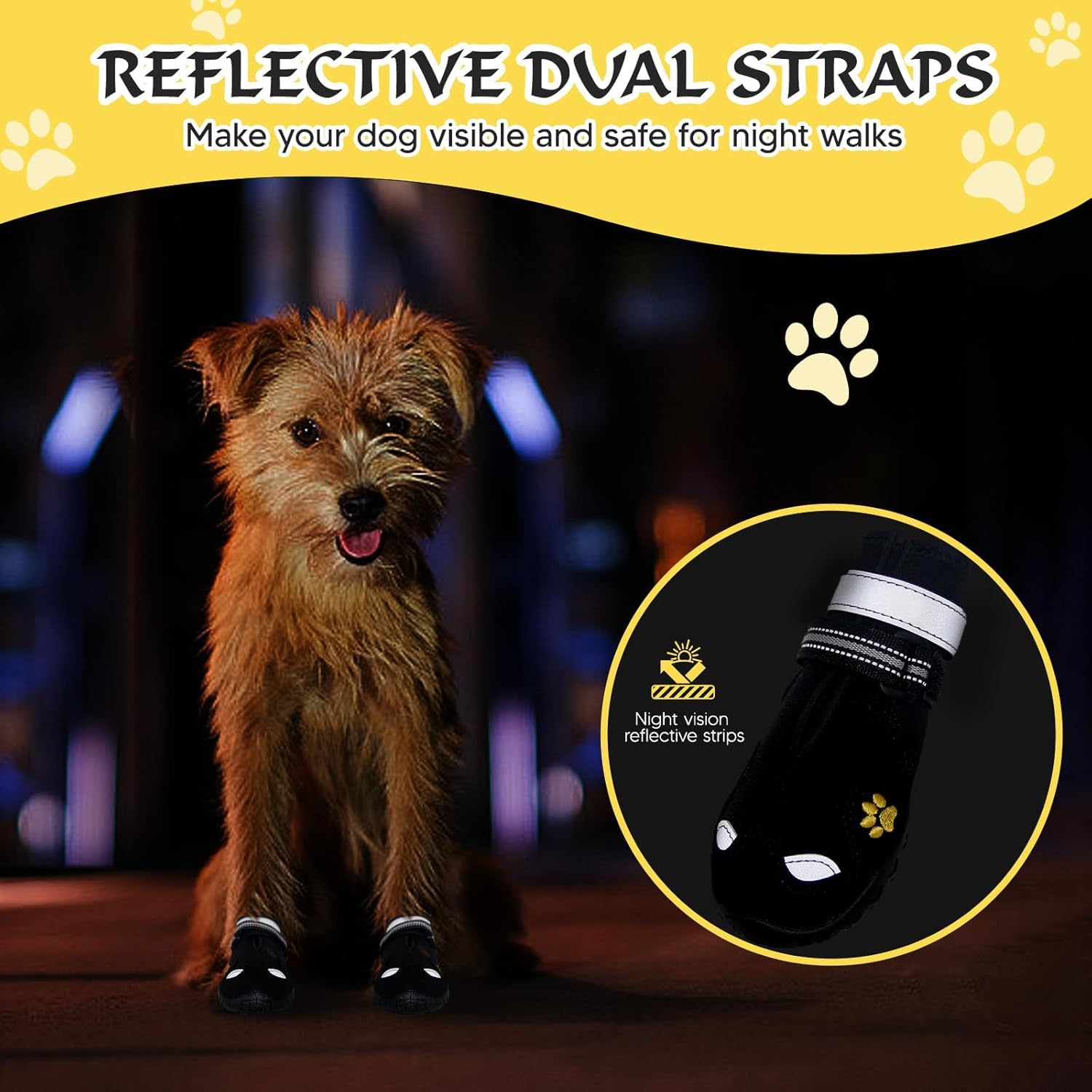 FISHOAKY dog shoes worn on snowy pavement for paw protection.