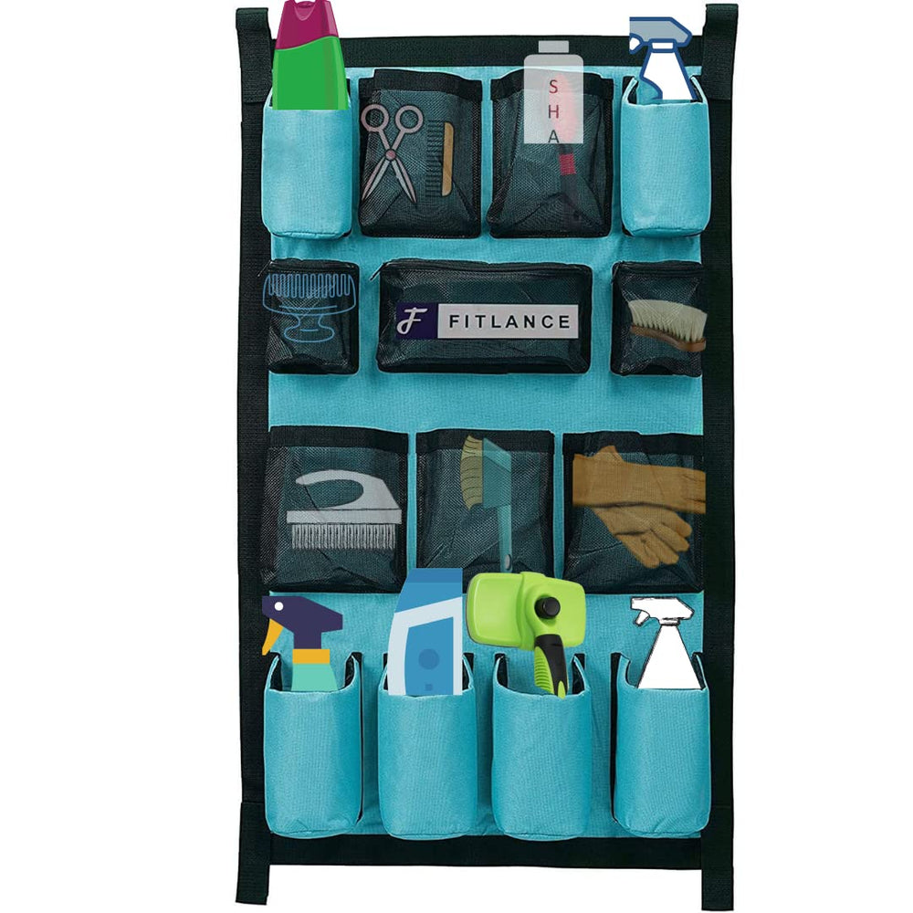 FITLANCE Equine Long Trailer Door Caddy mounted on door keeps gear organized.