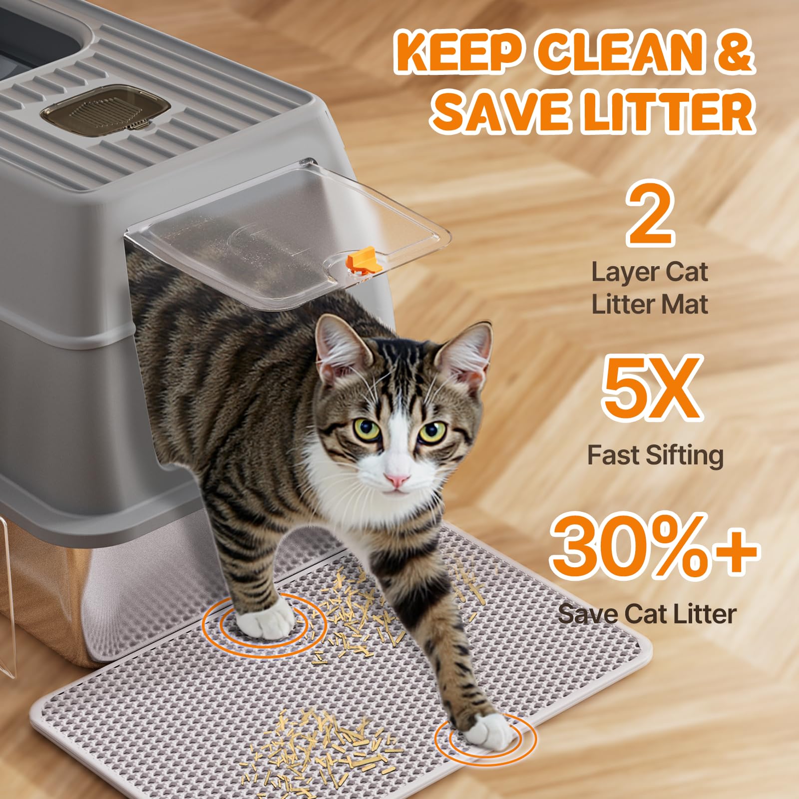 Fitrobust includes litter mat and metal scoop for convenient cleanup