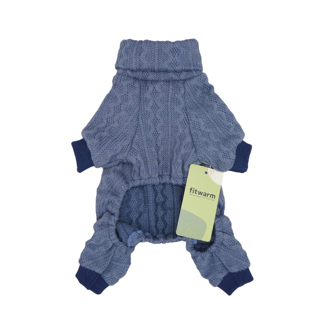 Fitwarm blue turtleneck knitted dog sweater close-up reveals durable knit and warmth.