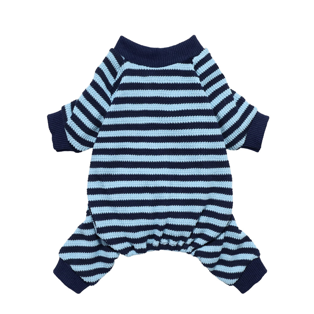 Fitwarm blue and white striped dog pajamas back view for cozy all-season wear