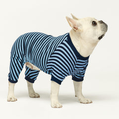 Fitwarm blue striped dog pajamas feet-on onesie on small dog
