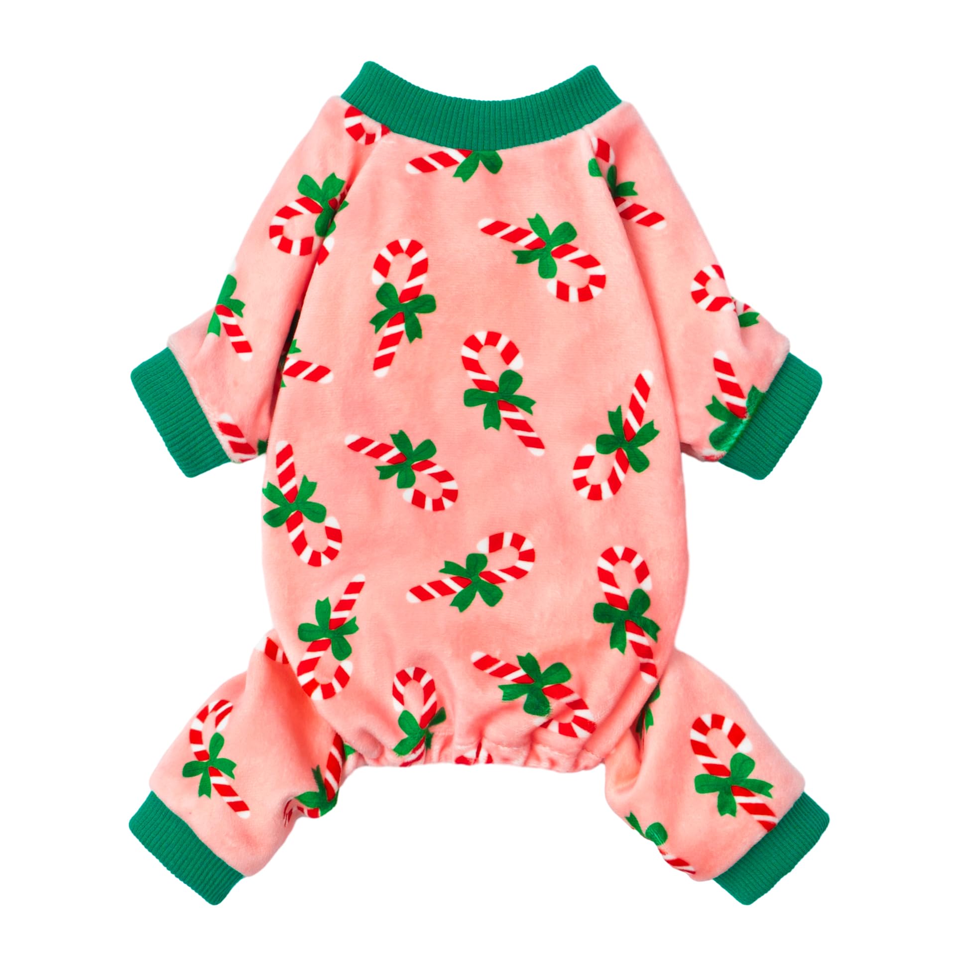 Fitwarm Candy Cane Dog Pajamas front view offers cozy warmth for small dogs in cold weather.
