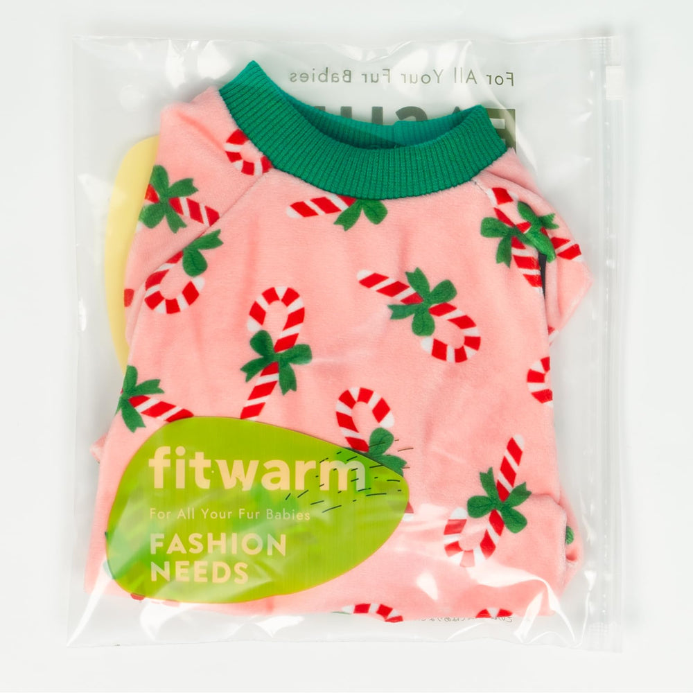 Fitwarm Candy Cane Dog Pajamas packaging shows a gift-ready holiday outfit.