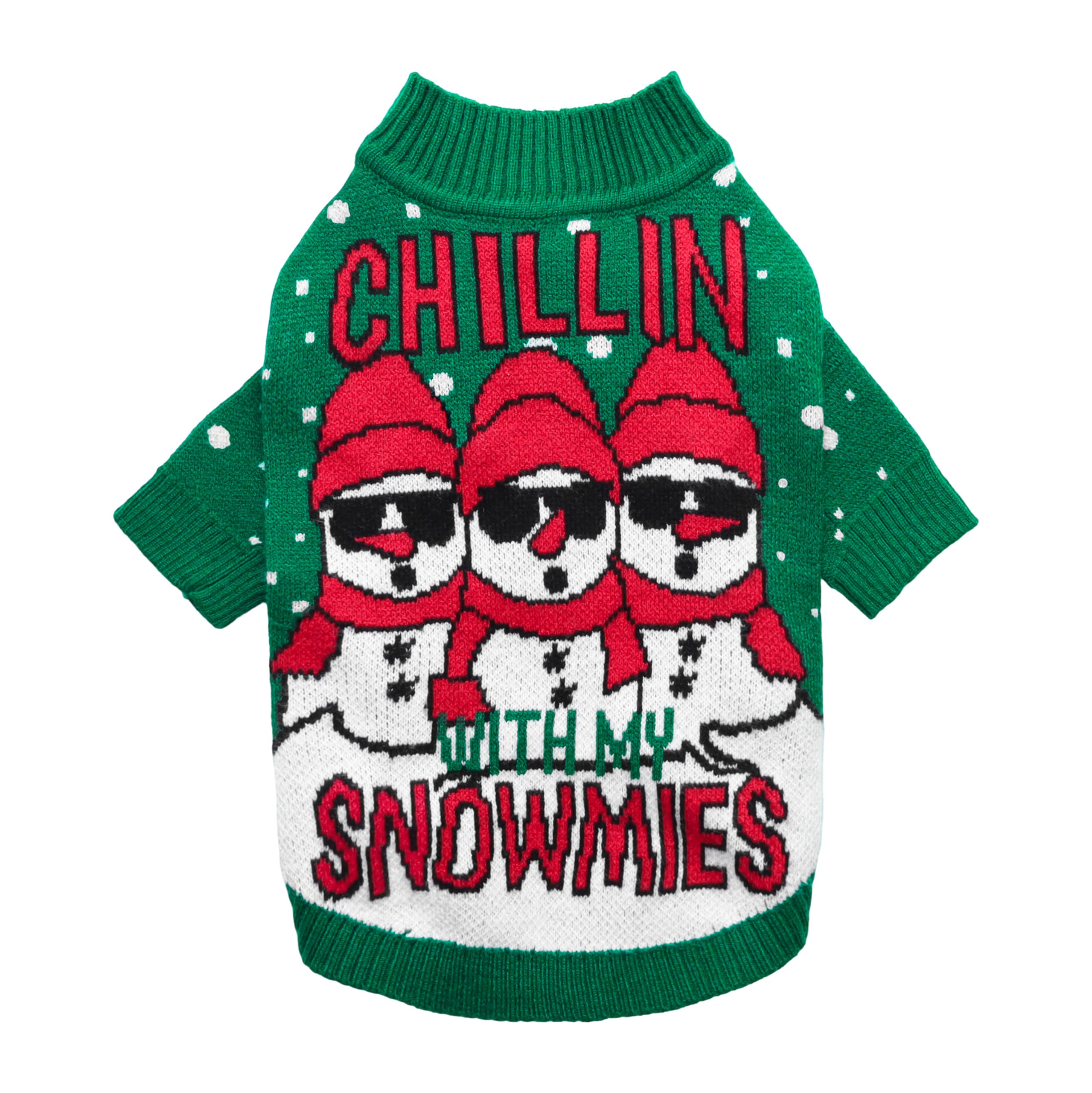 Fitwarm Chillin with My Snowmies sweater front view showing festive snowmen design for small dogs