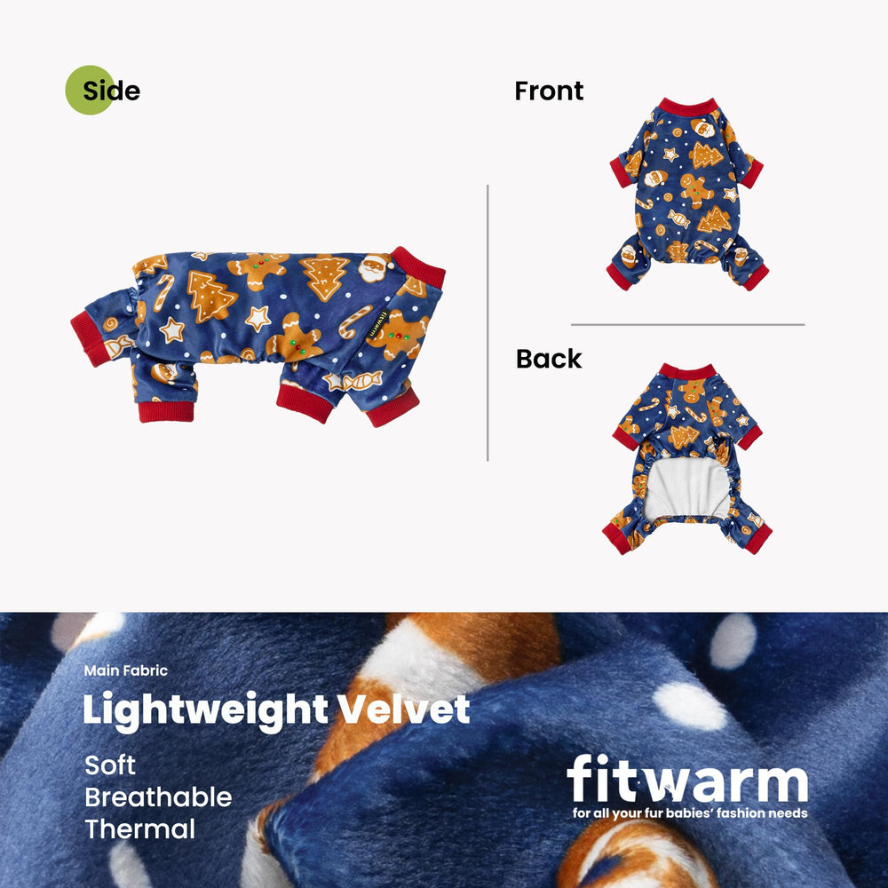 Fitwarm Christmas dog PJs cuff detail — red ribbed cuffs secure fit.