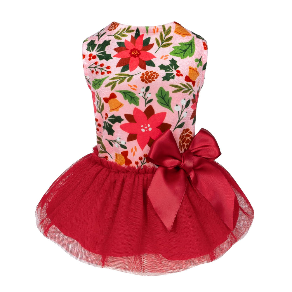 Fitwarm Christmas Flowers dog tutu dress front view, festive small-dog outfit for holidays.