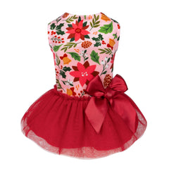 Fitwarm Christmas Flowers dog tutu dress front view, festive small-dog outfit for holidays.