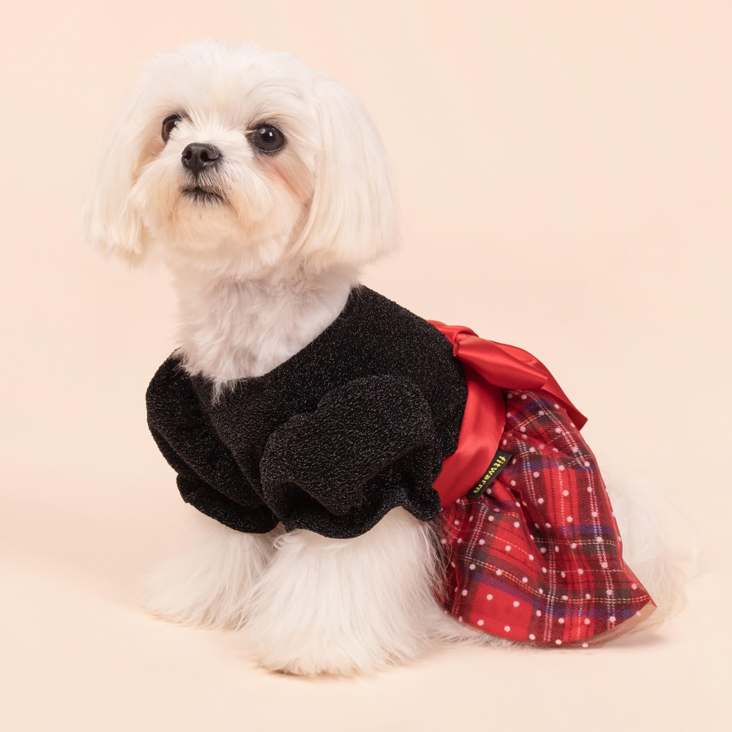 Fitwarm Christmas puff sleeve dog dress back view shows secure fit for outings
