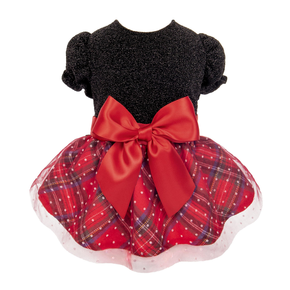 Fitwarm Christmas puff sleeve dog dress front view highlights holiday sparkle