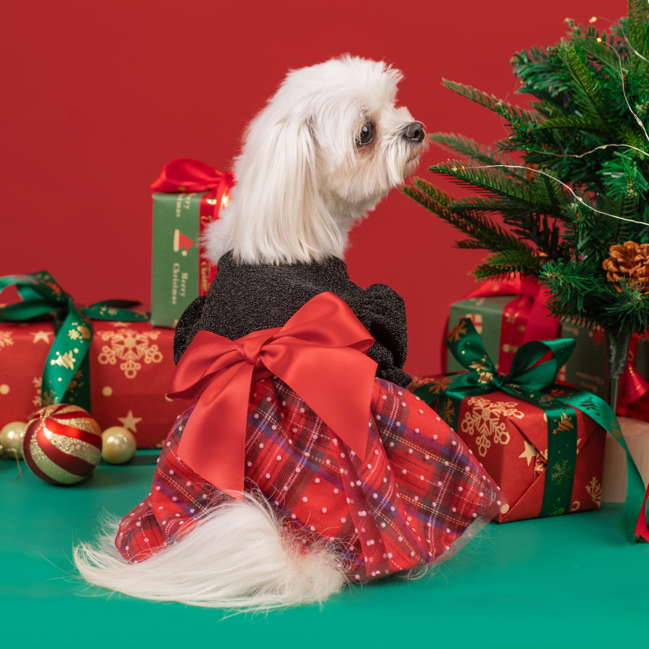 Fitwarm Christmas puff sleeve dress plaid skirt detail with tartan charm