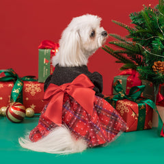 Fitwarm Christmas puff sleeve dress plaid skirt detail with tartan charm