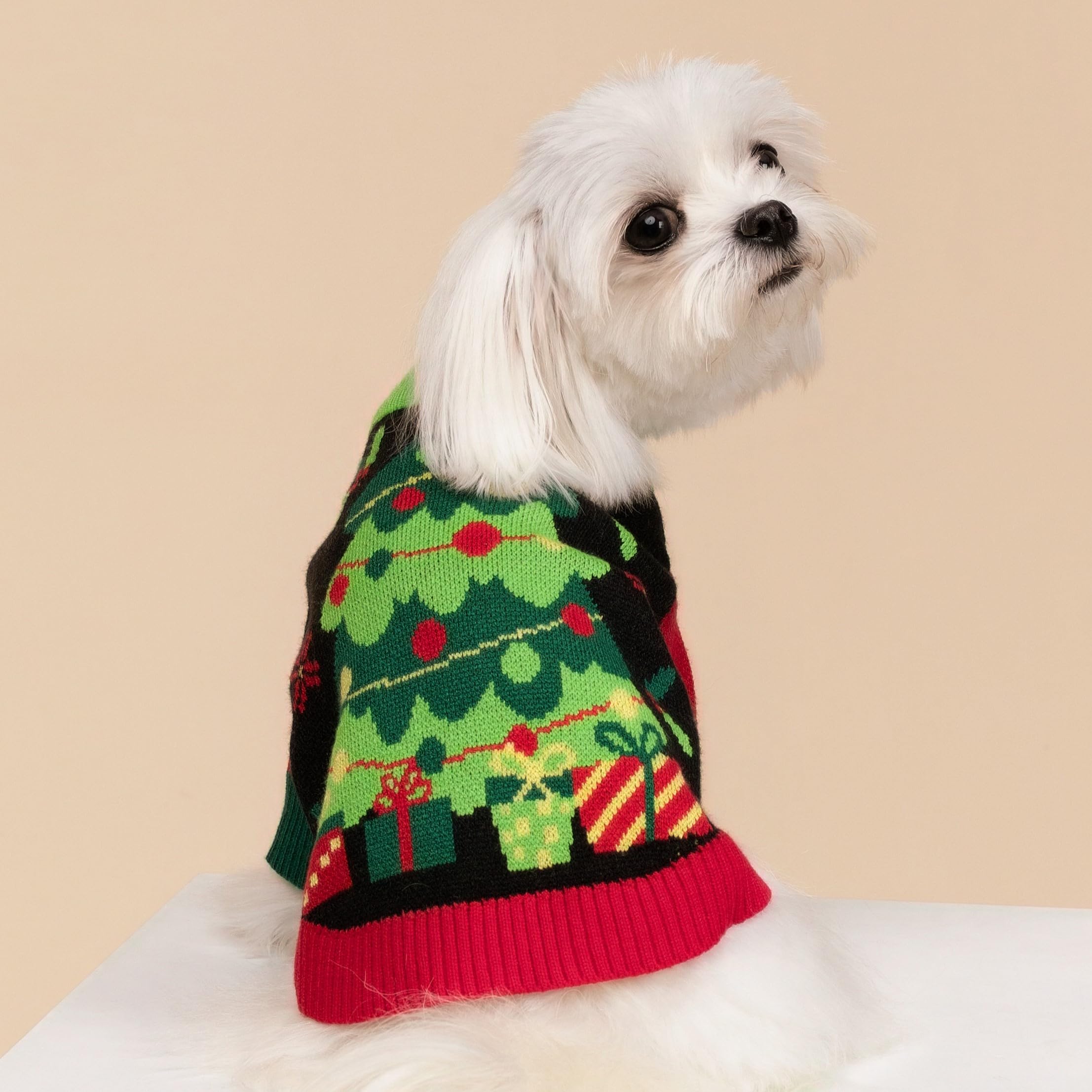 Fitwarm cozy dog Christmas sweater side view highlighting snug fit for small breeds