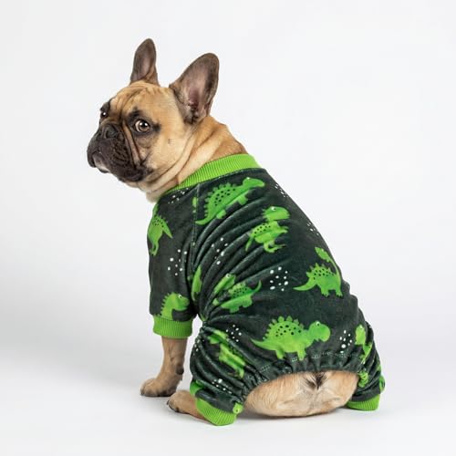 Fitwarm dinosaur dog fleece pajamas chest detail shows ribbed neckline for snug fit