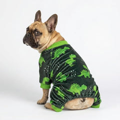 Fitwarm dinosaur dog fleece pajamas chest detail shows ribbed neckline for snug fit
