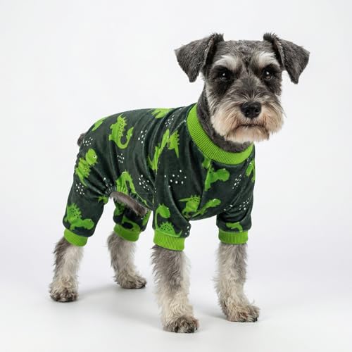 Fitwarm dinosaur dog fleece pajamas green print closeup highlights playful energy