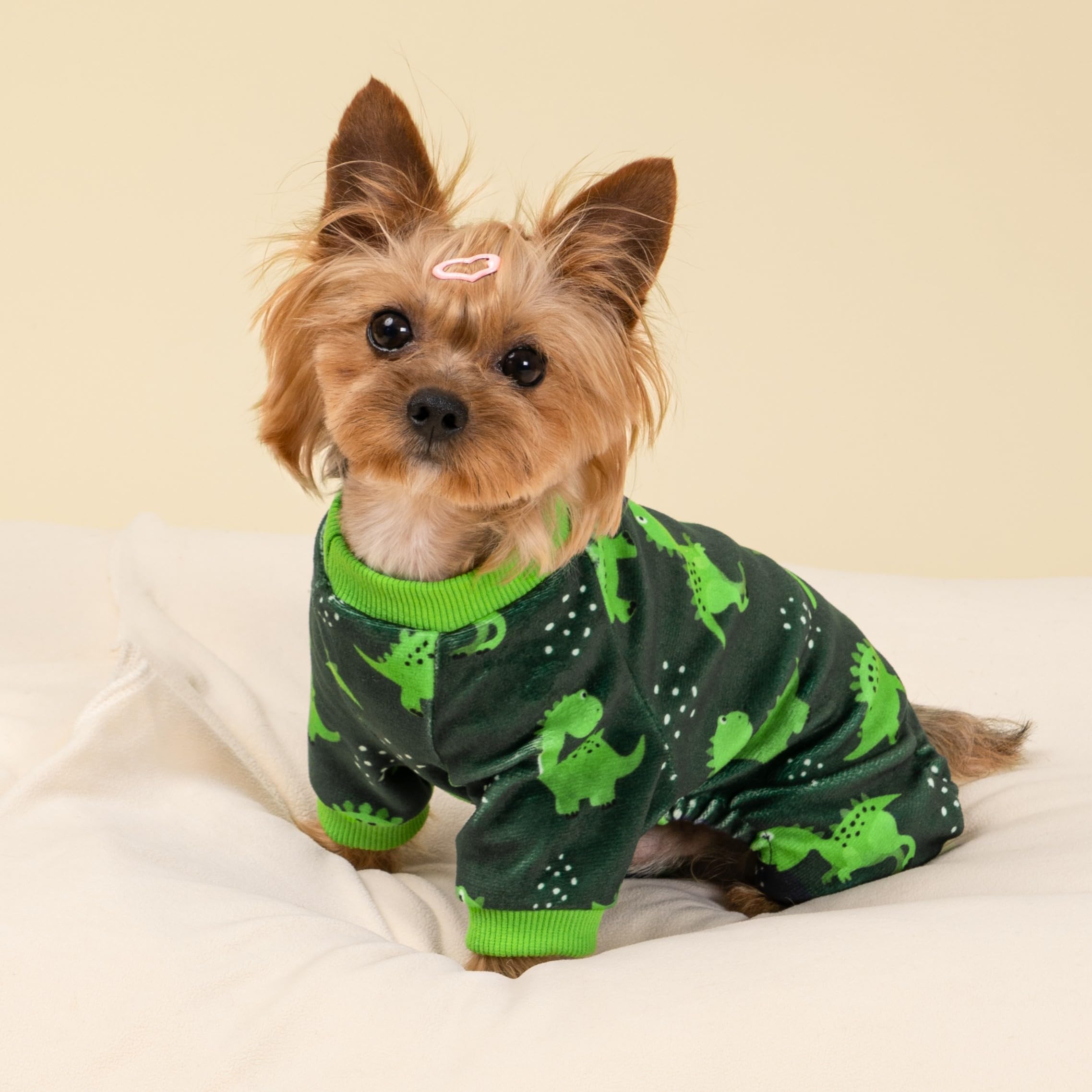 Fitwarm dinosaur dog pajamas bright green print detail ideal for playful photos