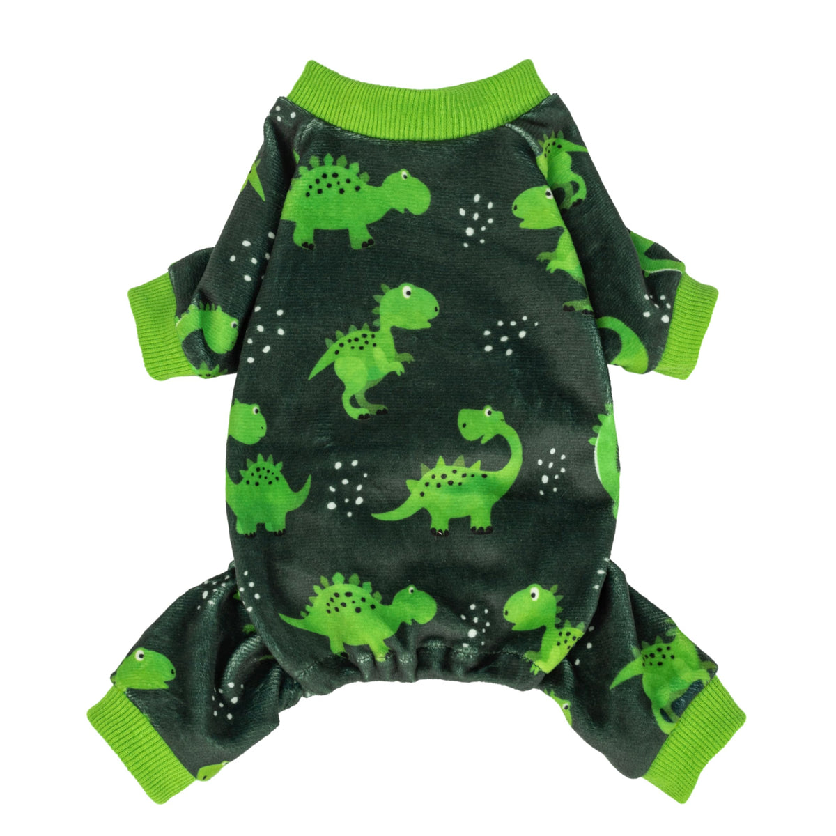 Fitwarm dinosaur dog pajamas front view in dark green for cozy warmth