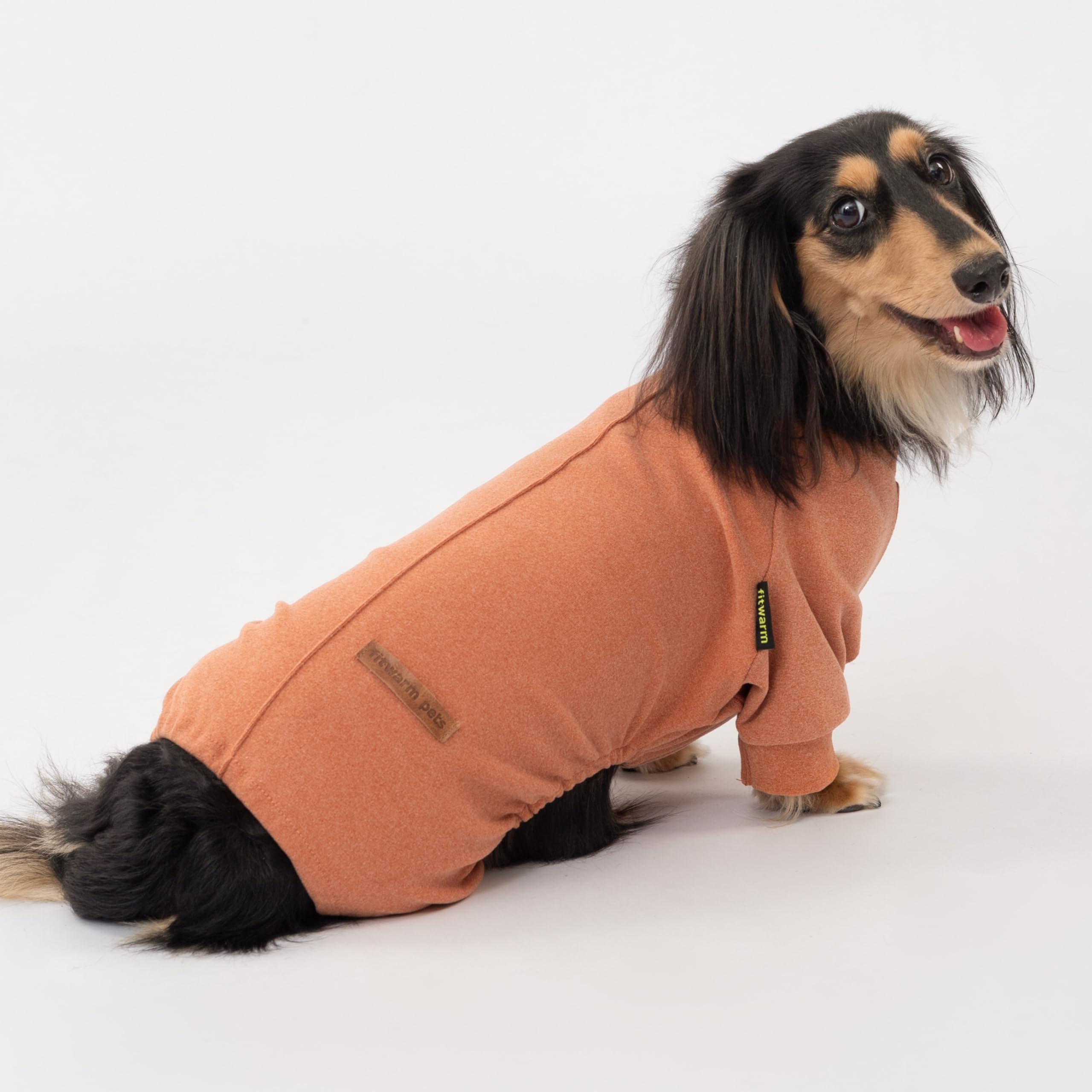 Fitwarm dog pajamas brown back view showing full coverage for heat retention during cool evenings.