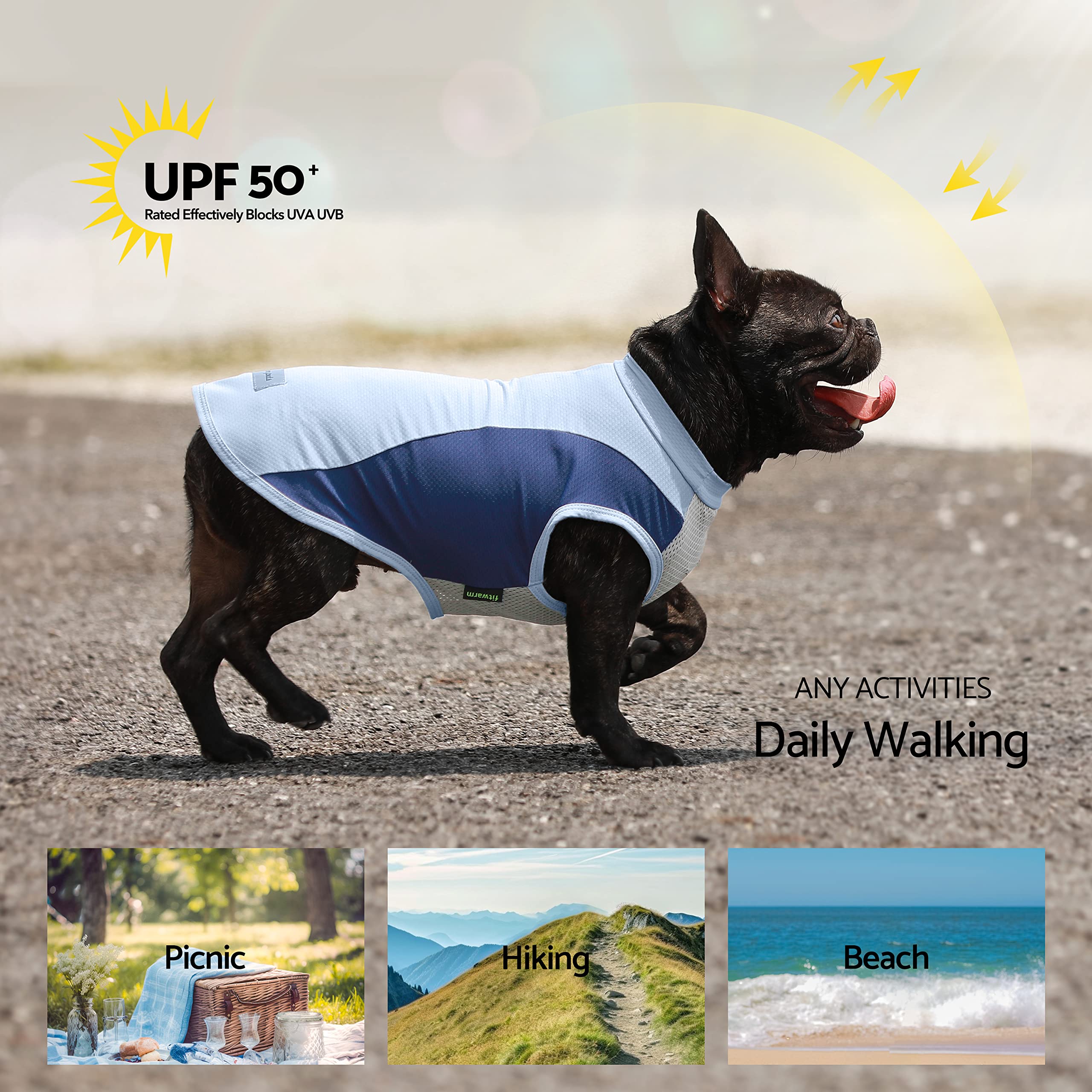 Fitwarm color-block dog shirt orange blue front view showcasing stylish, breathable summer wear.