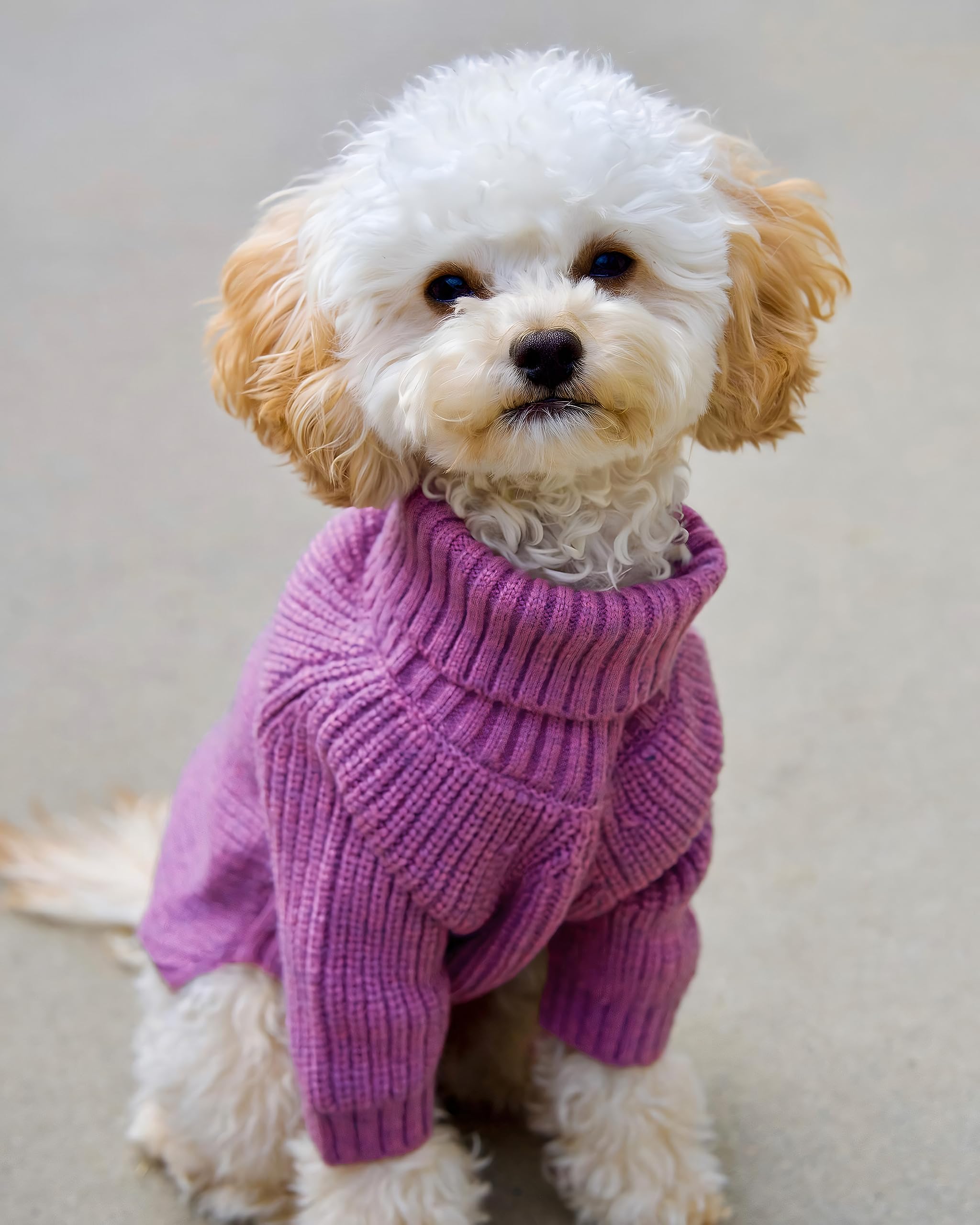 Fitwarm dog sweater lavender turtleneck close-up emphasizes neck warmth