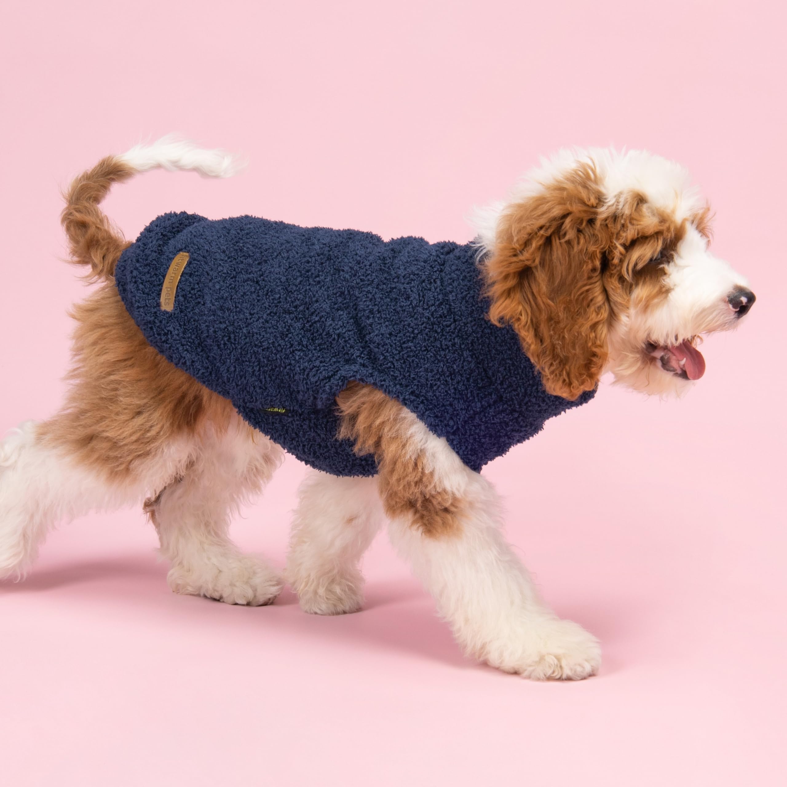 Fitwarm dog sweater navy solid back view demonstrates comfortable fit for small dogs.