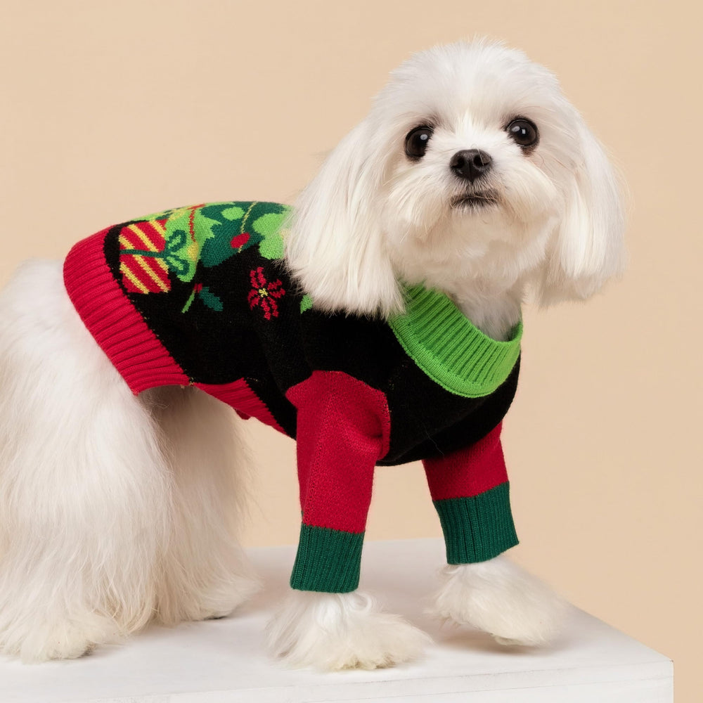 Fitwarm dog sweater tree print close-up reveals colorful holiday motif