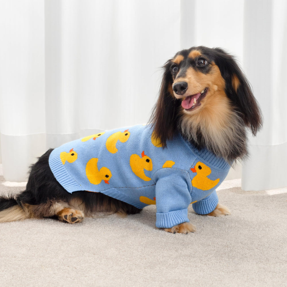 Fitwarm funny duck dog sweater yellow duck print close-up for playful style