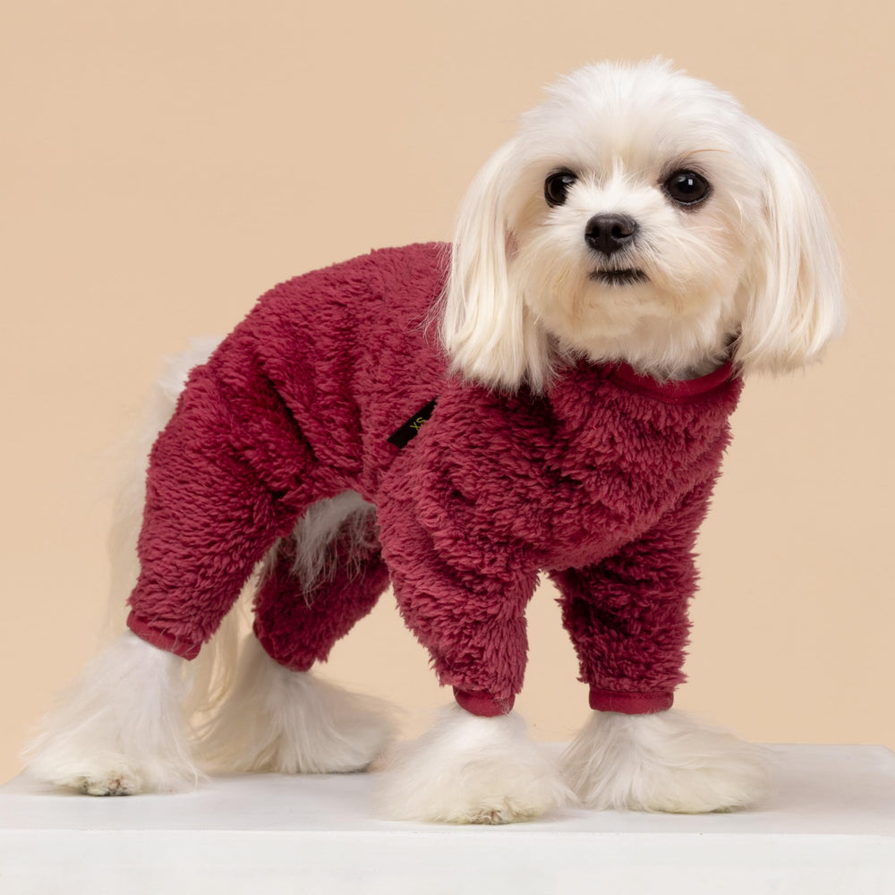 Fitwarm maroon small dog wearing fleece jumpsuit for winter comfort and style